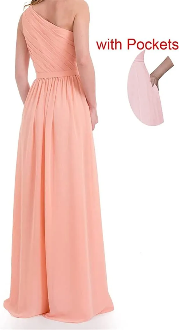 ANYSWBKN One Shoulder Juniors Bridesmaid Dresses for Wedding Guest Party Long Chiffon Prom Evening Gown