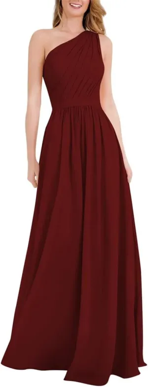 ANYSWBKN One Shoulder Juniors Bridesmaid Dresses for Wedding Guest Party Long Chiffon Prom Evening Gown