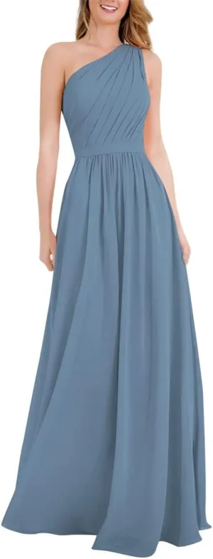 ANYSWBKN One Shoulder Juniors Bridesmaid Dresses for Wedding Guest Party Long Chiffon Prom Evening Gown