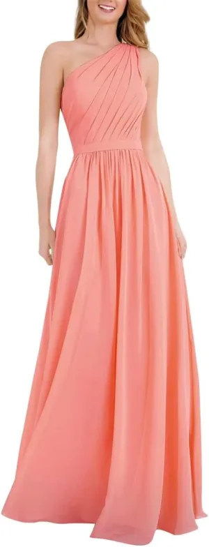 ANYSWBKN One Shoulder Juniors Bridesmaid Dresses for Wedding Guest Party Long Chiffon Prom Evening Gown
