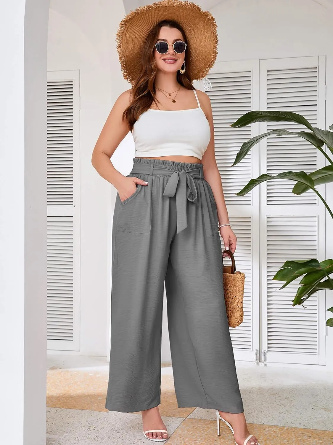 AusLook Women's Plus Size Wide Leg Lounge Pants with Pockets High Waisted Palazzo Adjustable Tie Knot Flowy Trousers