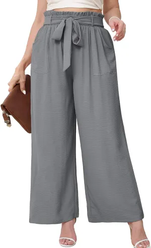 AusLook Women's Plus Size Wide Leg Lounge Pants with Pockets High Waisted Palazzo Adjustable Tie Knot Flowy Trousers