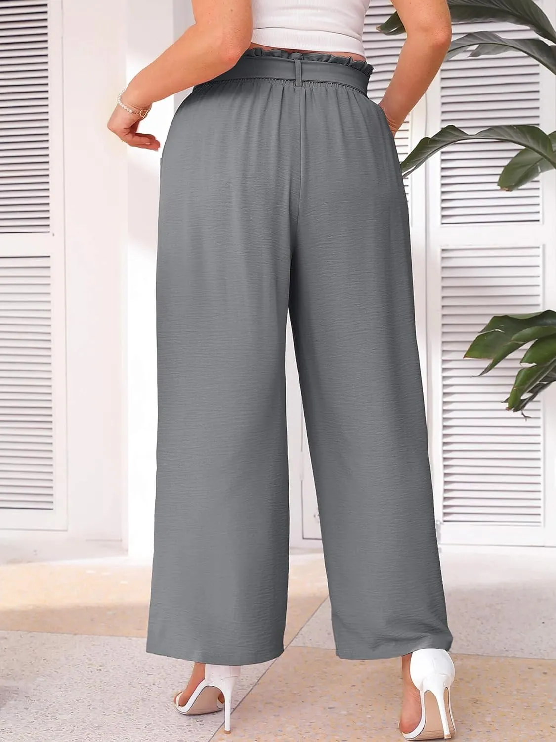 AusLook Women's Plus Size Wide Leg Lounge Pants with Pockets High Waisted Palazzo Adjustable Tie Knot Flowy Trousers