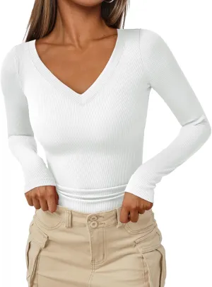 AUTOMET Womens Long Sleeve Shirts Fall Outfits Fashion Tops V Neck Ribbed Basic Casual Clothes Winter Underscrub