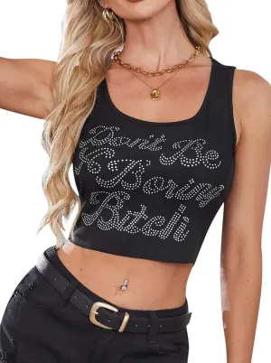 Avanova Women Ribbed Knit Graphic Crop Top Sleeveless Sexy Summer Tank Shirt