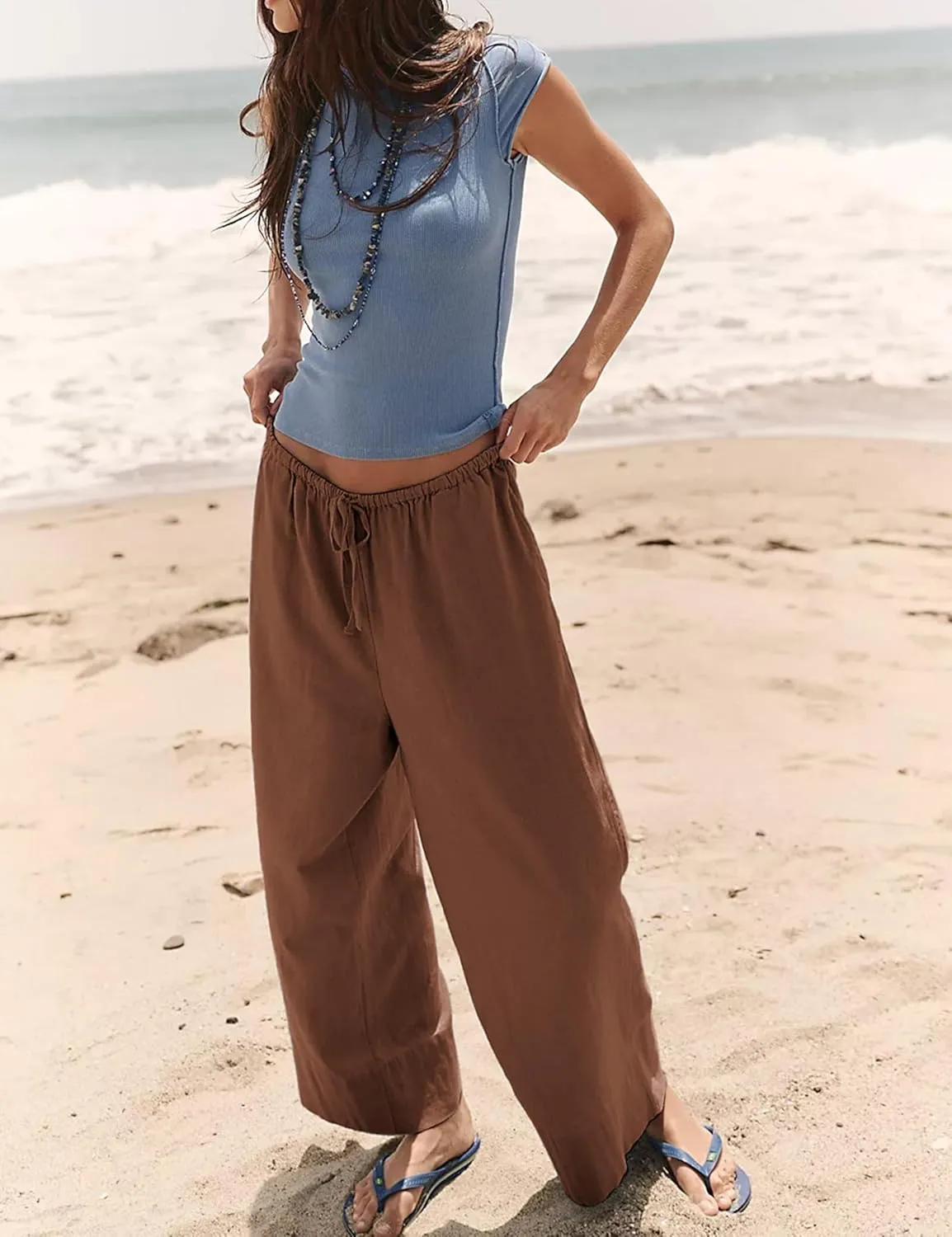 Bankeng Women's Cotton Linen Palazzo Pants Drawstring Elastic Waist Casual Wide Leg Beach Trousers with Pockets