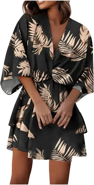 BAXLIMEK Beach Dresses for Women,2025 Elegant Deep V Neck Batwing Sleeve Mini Dress Flowy Ruched Tiered Print Vacation Dress