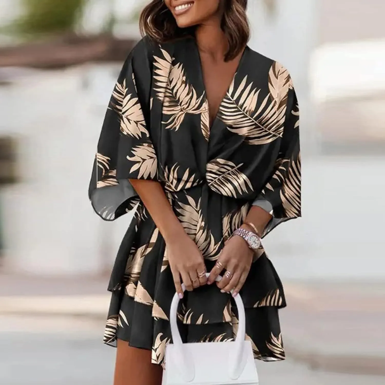 BAXLIMEK Beach Dresses for Women,2025 Elegant Deep V Neck Batwing Sleeve Mini Dress Flowy Ruched Tiered Print Vacation Dress