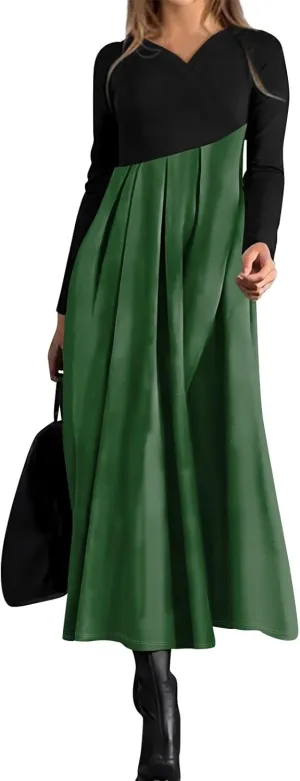 BAXLIMEK Long Sleeve Dresses for Women,2025 Spring Trendy V Neck Patchwork Maxi Dress Casual Loose Flowy Ruched Beach Dress