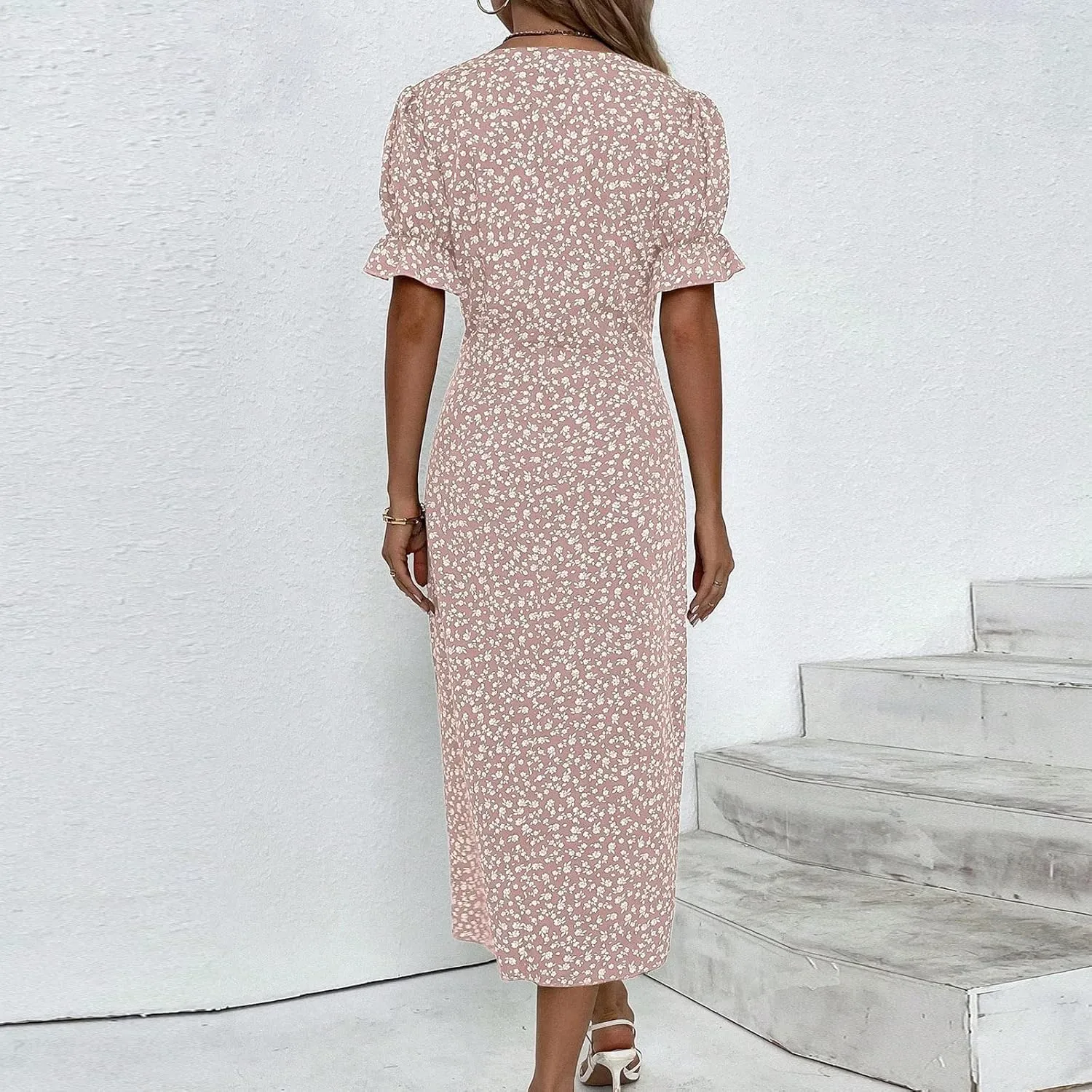 Beach Dresses for Women,2025 Spring Trendy Floral Boho Dress,Elegant V Neck Short Sleeve Irregular Hem Midi Dress