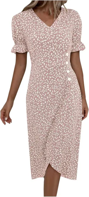 Beach Dresses for Women,2025 Spring Trendy Floral Boho Dress,Elegant V Neck Short Sleeve Irregular Hem Midi Dress