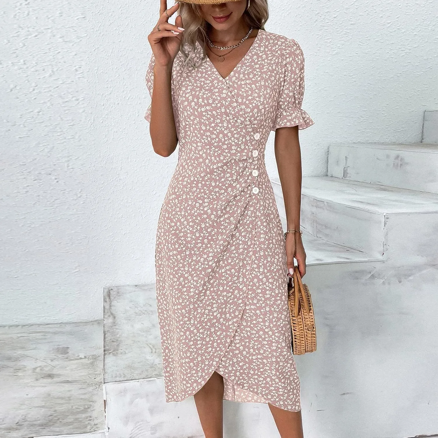 Beach Dresses for Women,2025 Spring Trendy Floral Boho Dress,Elegant V Neck Short Sleeve Irregular Hem Midi Dress