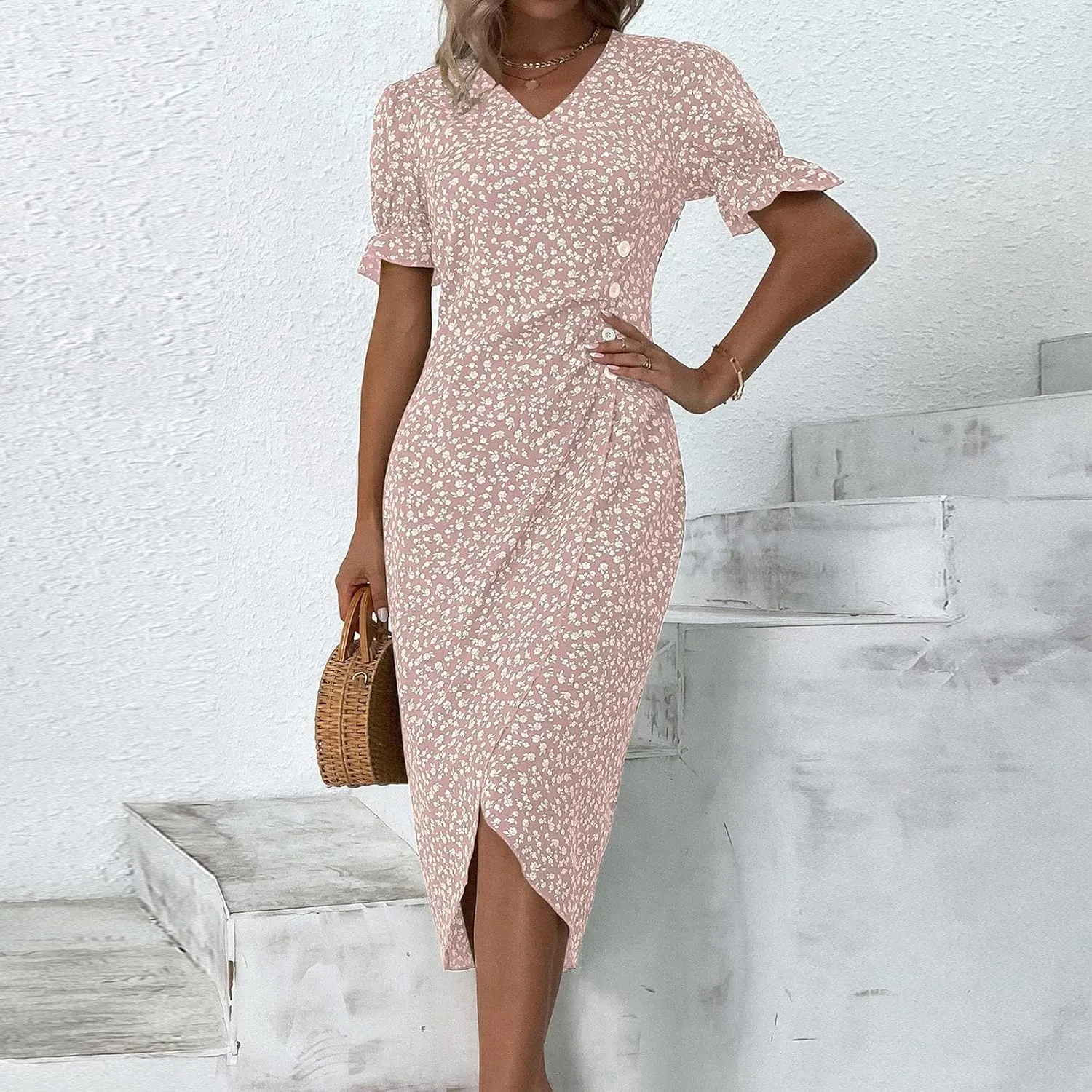 Beach Dresses for Women,2025 Spring Trendy Floral Boho Dress,Elegant V Neck Short Sleeve Irregular Hem Midi Dress