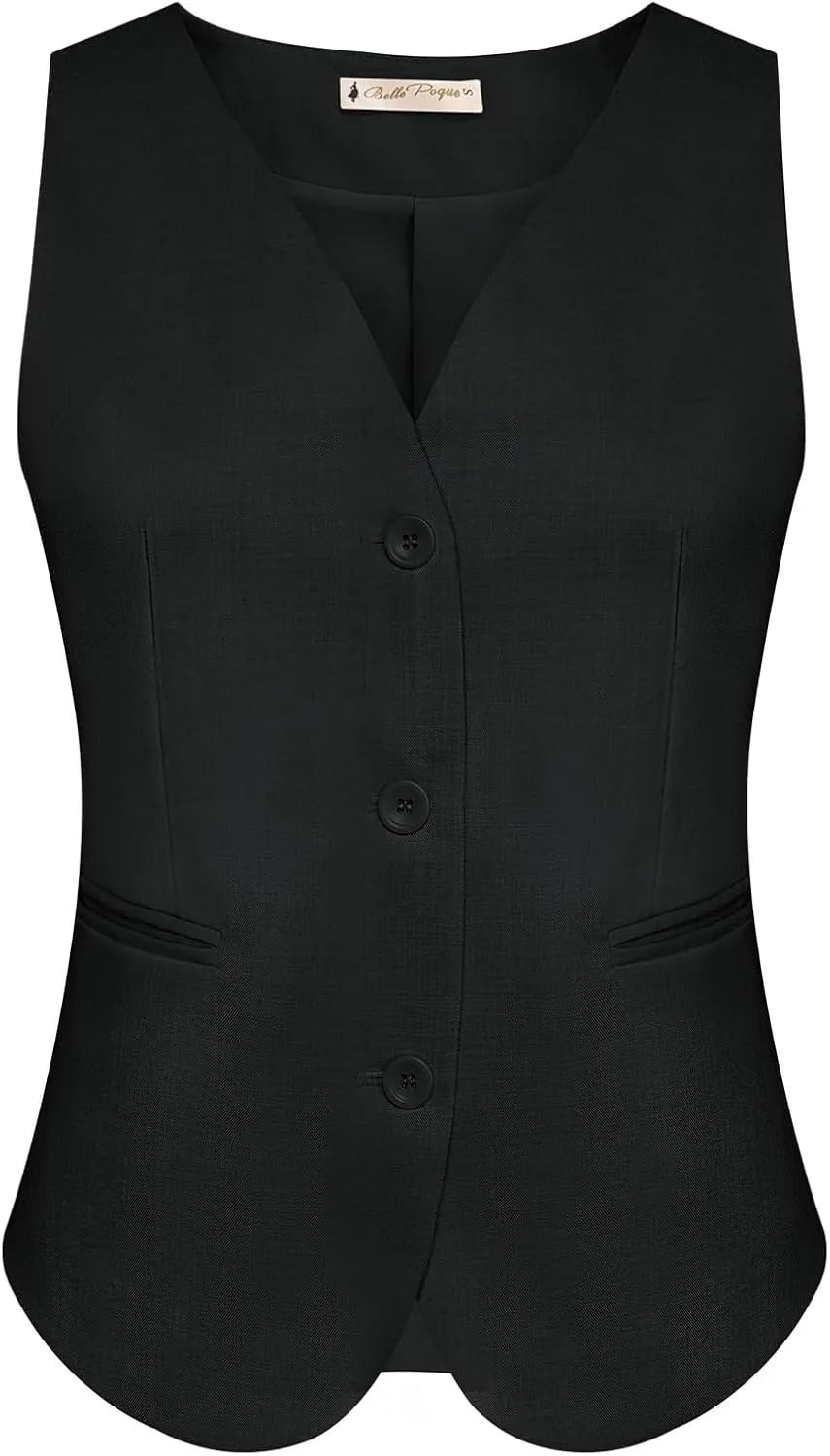 Belle Poque Women Suit Vest Button Down Dressy Vest Tops Waistcoat with Pockets