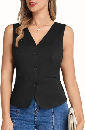 Belle Poque Women Suit Vest Button Down Dressy Vest Tops Waistcoat with Pockets