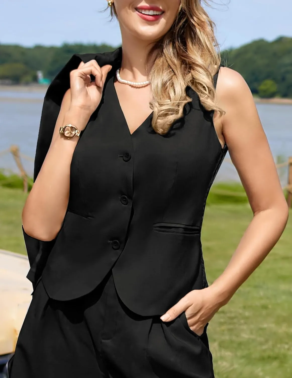 Belle Poque Women Suit Vest Button Down Dressy Vest Tops Waistcoat with Pockets