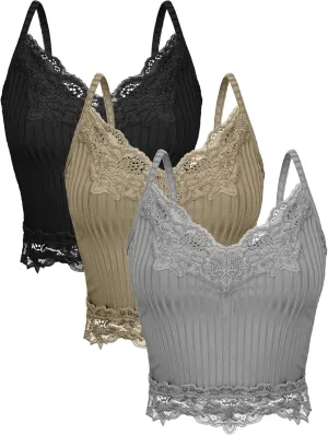 Bencailor 3 Pcs Women's Lace Tank Tops Y2k Camisole Lace Patchwork Crop Tops Grunge Style Ribbed Knitted Clothing