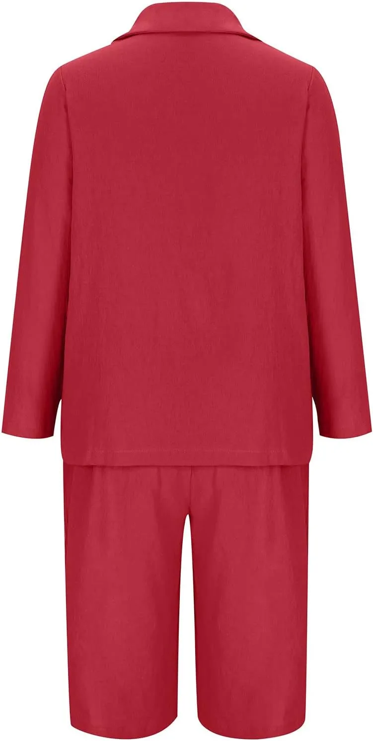Blazer Sets for Women 2 Piece Outfits Open Front Button Up Jacket and Bermuda Shorts Suits Work Office Casual Sets