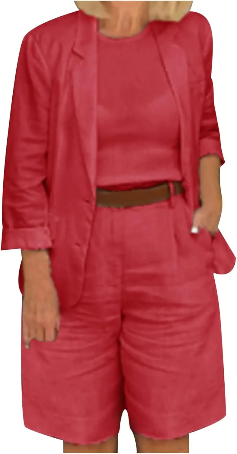 Blazer Sets for Women 2 Piece Outfits Open Front Button Up Jacket and Bermuda Shorts Suits Work Office Casual Sets