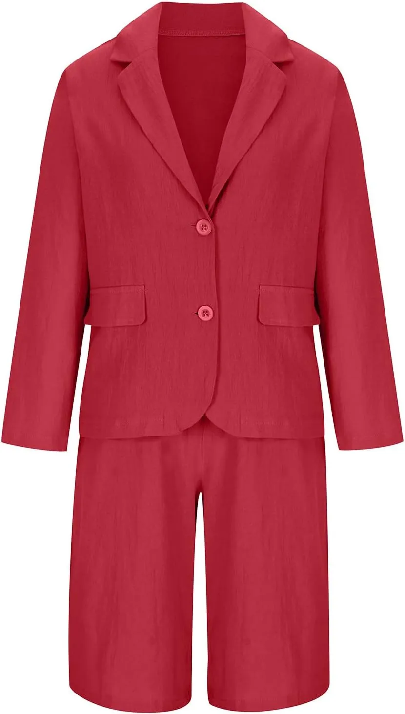 Blazer Sets for Women 2 Piece Outfits Open Front Button Up Jacket and Bermuda Shorts Suits Work Office Casual Sets