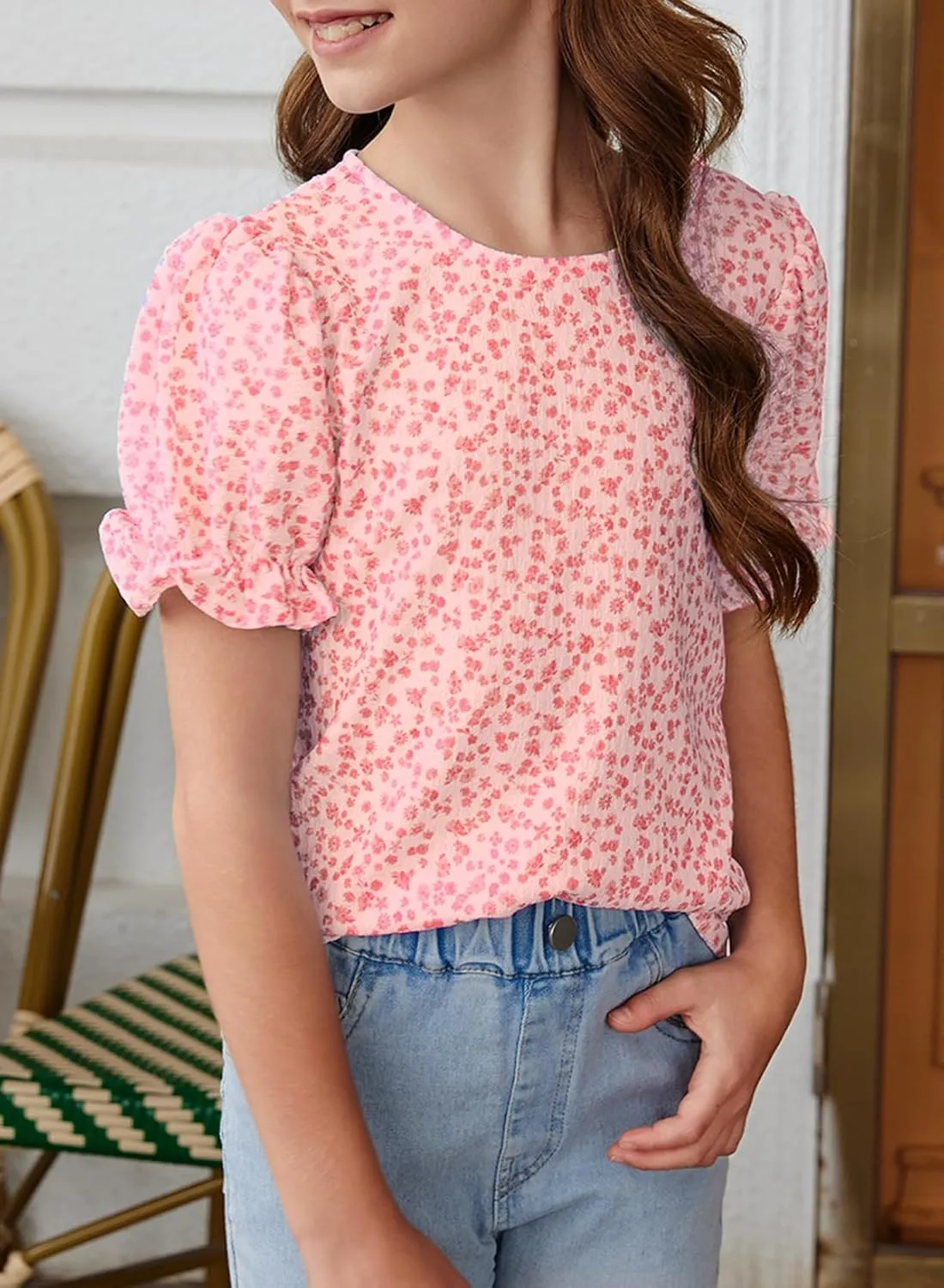 blibean Tween Girls 2024 Boho Floral Puff Sleeve Shirt Size 6-15 Years