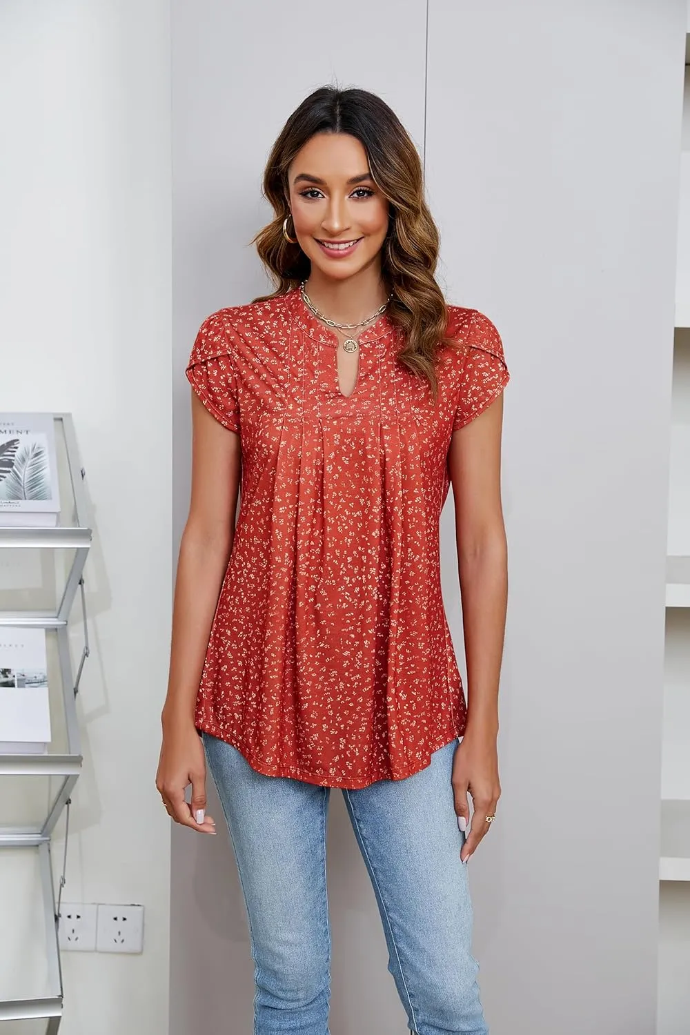 Blooming Jelly Women's Tunic Tops Summer Dressy Casual Blouses Business Outfits Plus Size Cap Sleeve Pleated Shirts