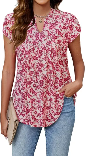 Blooming Jelly Women's Tunic Tops Summer Dressy Casual Blouses Business Outfits Plus Size Cap Sleeve Pleated Shirts