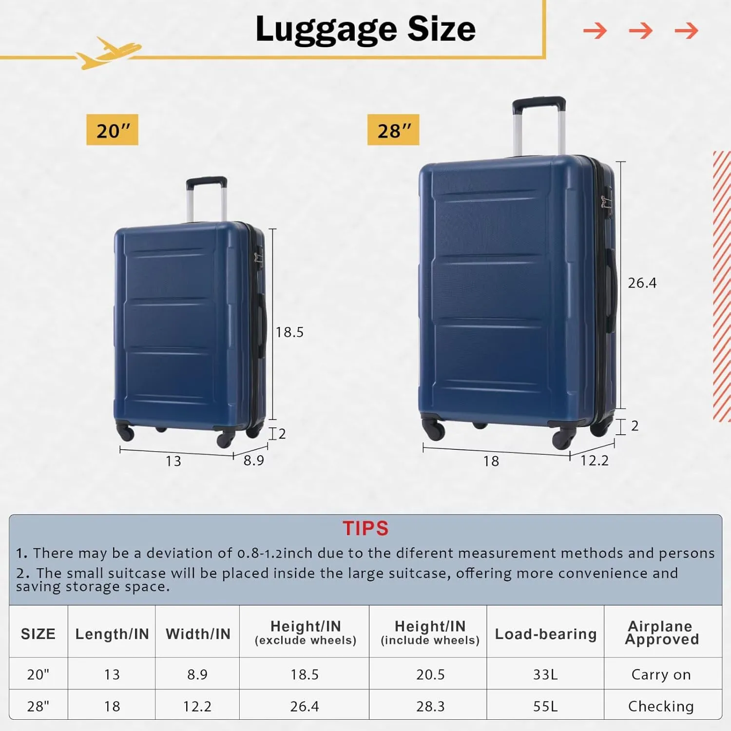 Blue 4 Piece Expandable Luggage Set, Hardside Suitcases with TSA Lock Spinner Wheels Packing Organizers, Reinforced Telescopic Handle(Blue, 20" 28")