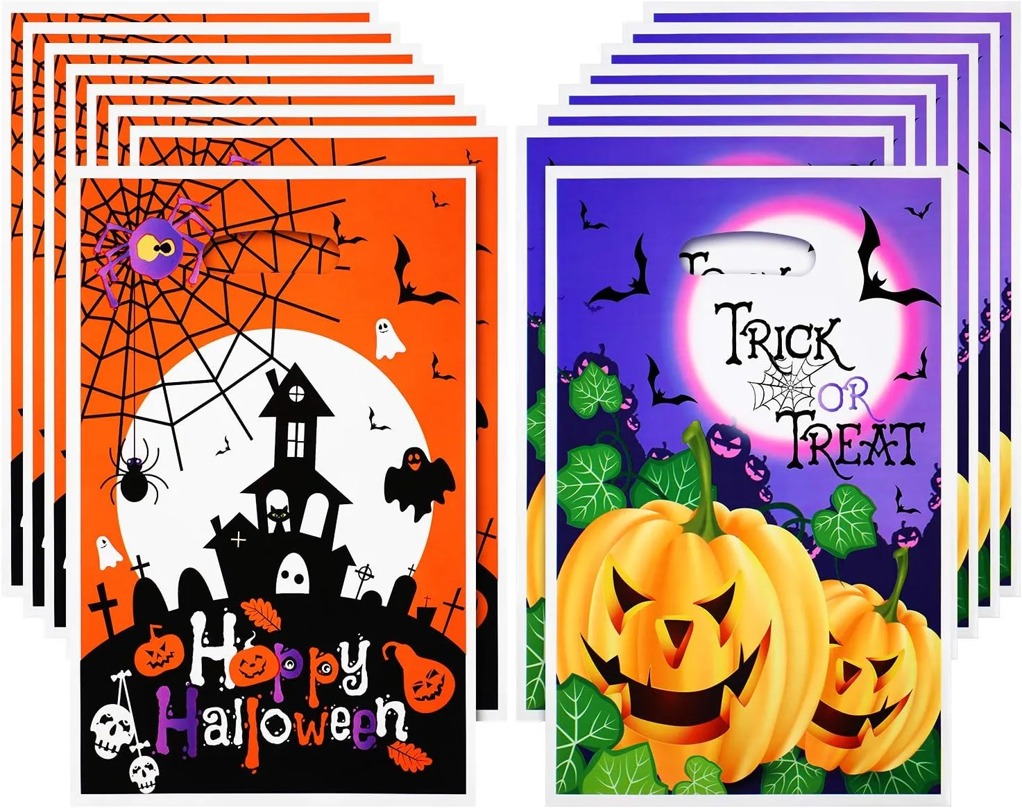 Boao 100 Pieces Halloween Plastic Bags Bulk Reusable Candy Gift Trick Bags Jack O Lantern Pumpkin Treat for Happy Halloween Party Favor
