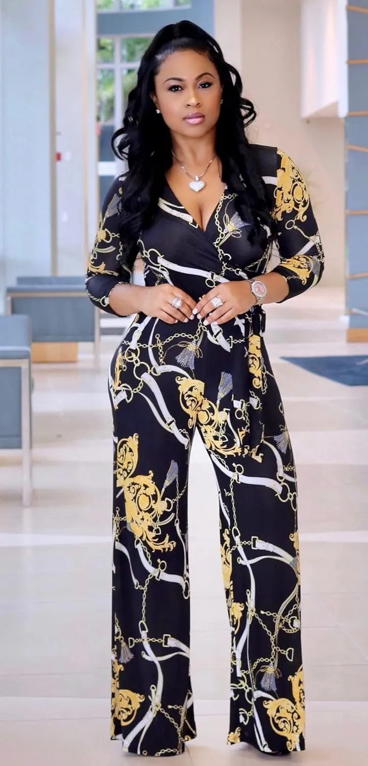 BOGURST Jumpsuits for Women Elegant Print High Waist Sexy V Neck Wide Leg Long Jumpsuit with Belt