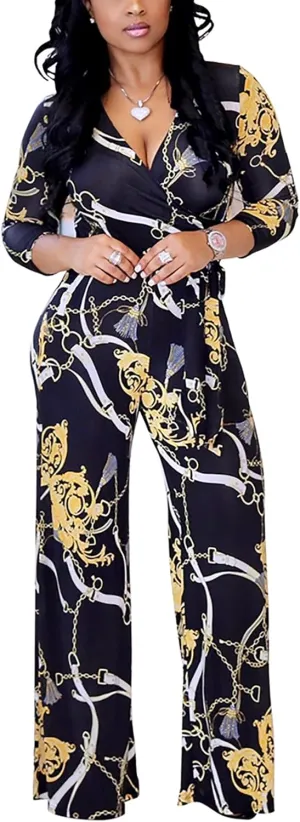 BOGURST Jumpsuits for Women Elegant Print High Waist Sexy V Neck Wide Leg Long Jumpsuit with Belt