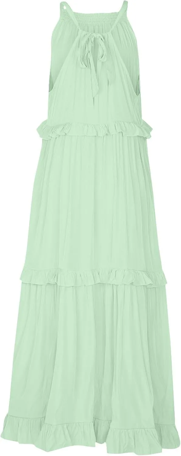 Boho Dresses for Women,2025 Summer Flowy Ruffle Tiered Swing Smocked Beach Sundress,Sleeveless Halter Maxi Dress