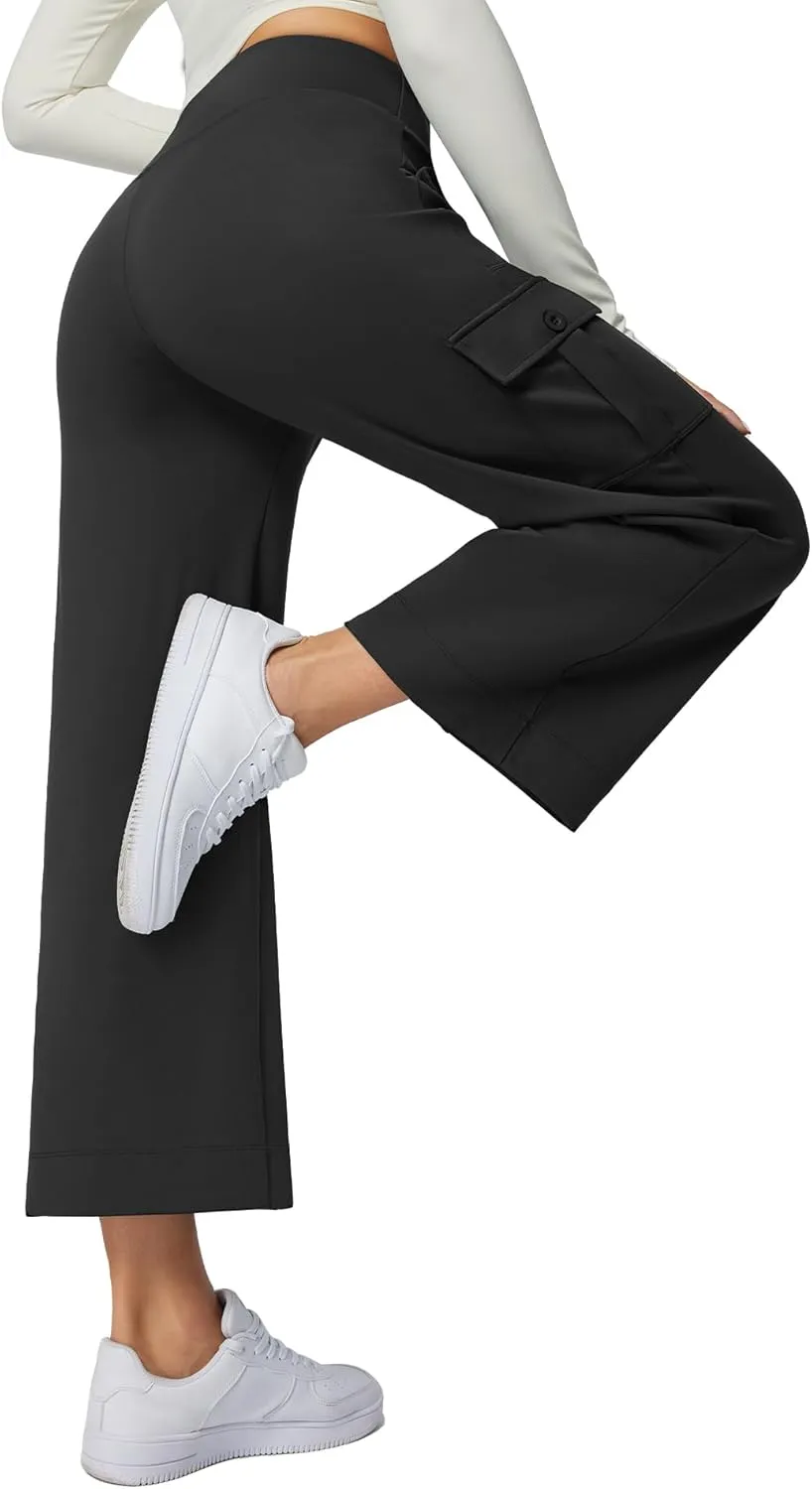 Casei Wide Leg Cropped Pants for Women with Cargo Pockets Fleece Lined High Waist Sweatpants for Yoga Work Petite/Regular
