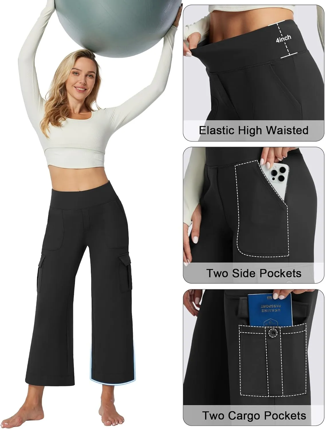 Casei Wide Leg Cropped Pants for Women with Cargo Pockets Fleece Lined High Waist Sweatpants for Yoga Work Petite/Regular