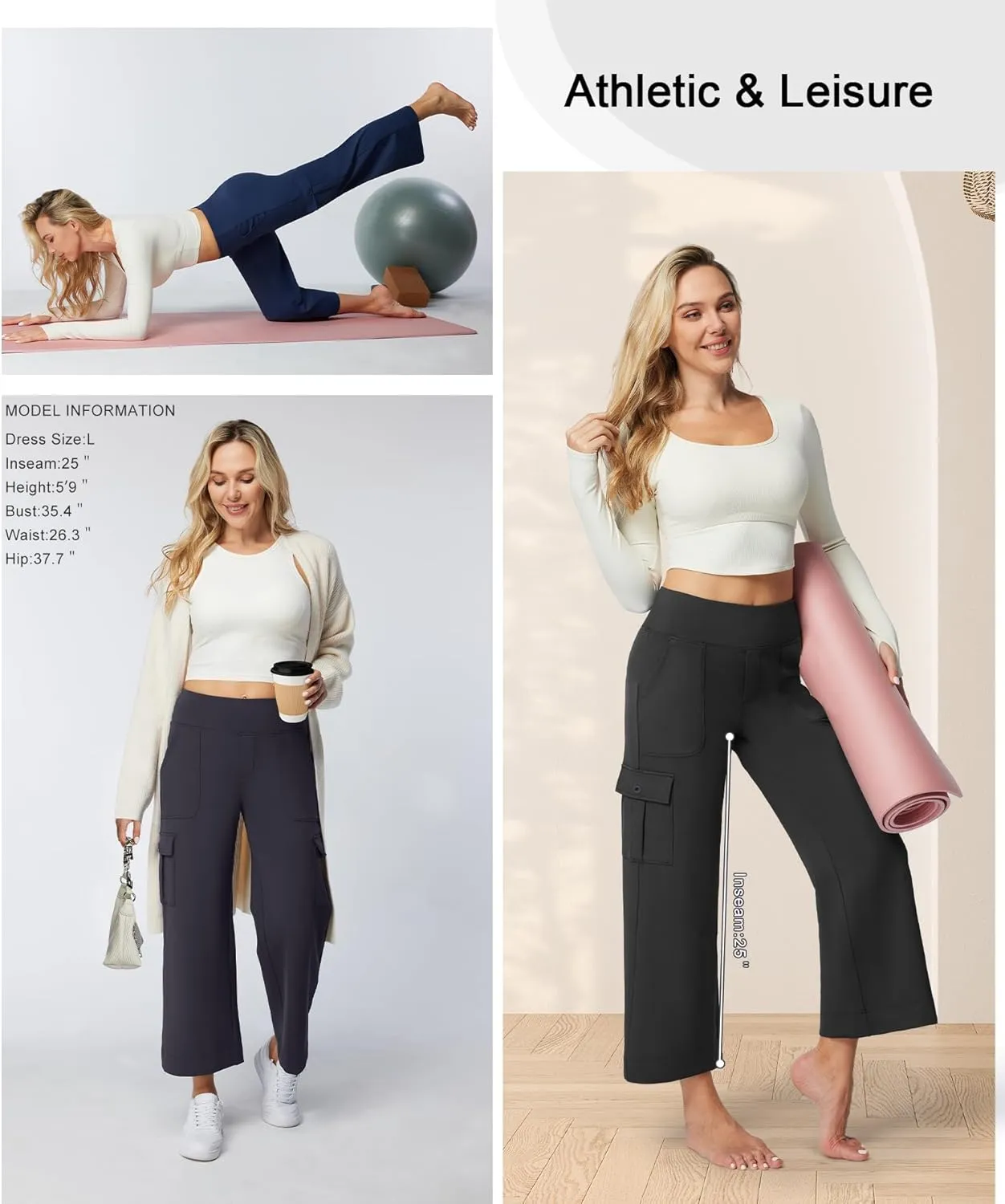 Casei Wide Leg Cropped Pants for Women with Cargo Pockets Fleece Lined High Waist Sweatpants for Yoga Work Petite/Regular