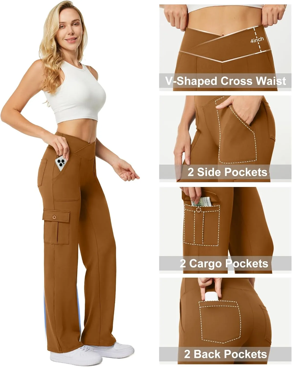 Casei Yoga Pants with Pockets for Women Wide Leg Cargo Pants High Waist Crossover Stretch Work Travel Casual Sweatpants