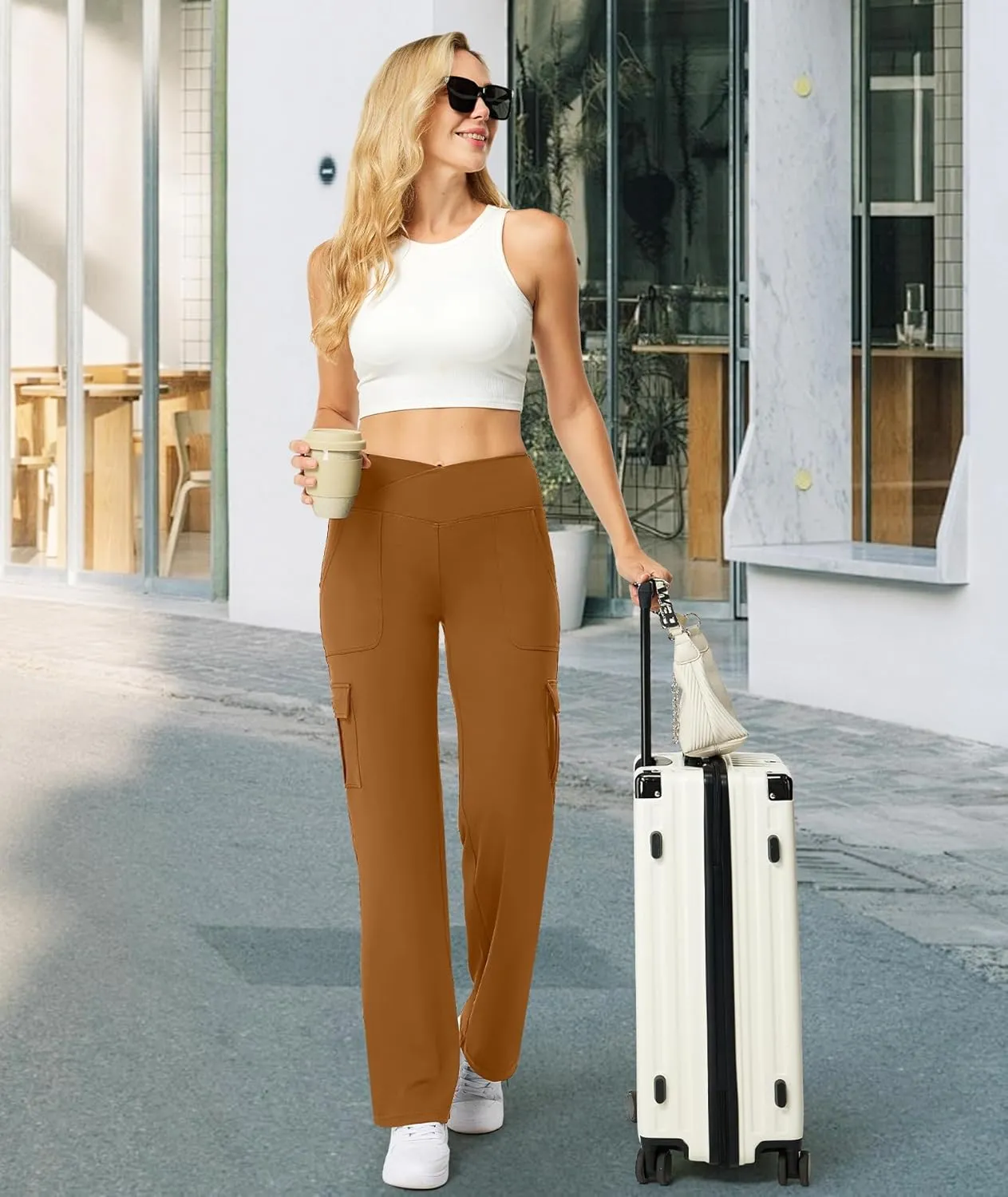 Casei Yoga Pants with Pockets for Women Wide Leg Cargo Pants High Waist Crossover Stretch Work Travel Casual Sweatpants