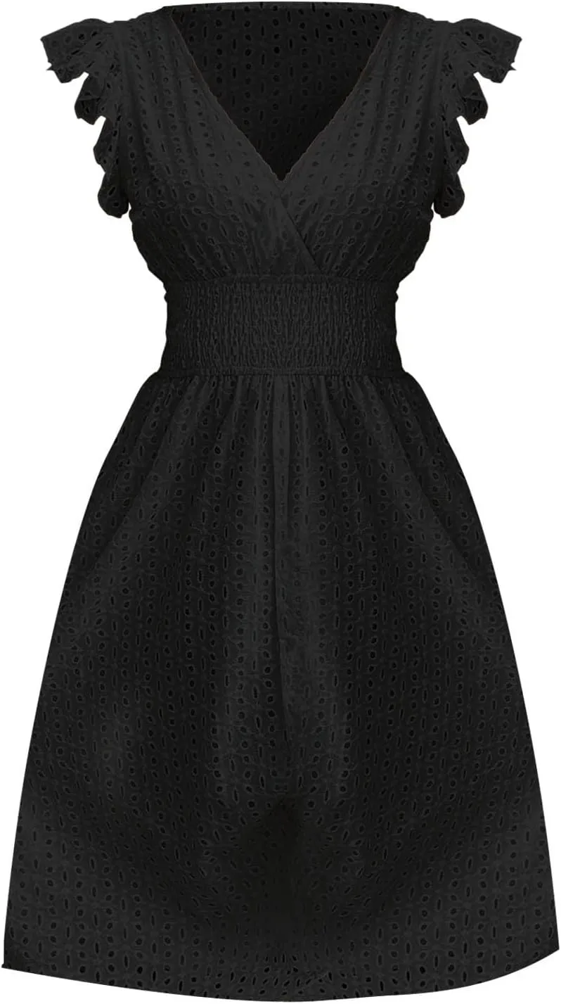 Casual Dresses Women Ruffle Sleeveless V Neck Dress Summer Vacation Beach Midi Dress Eyelet Lace Party Maxi Dresses