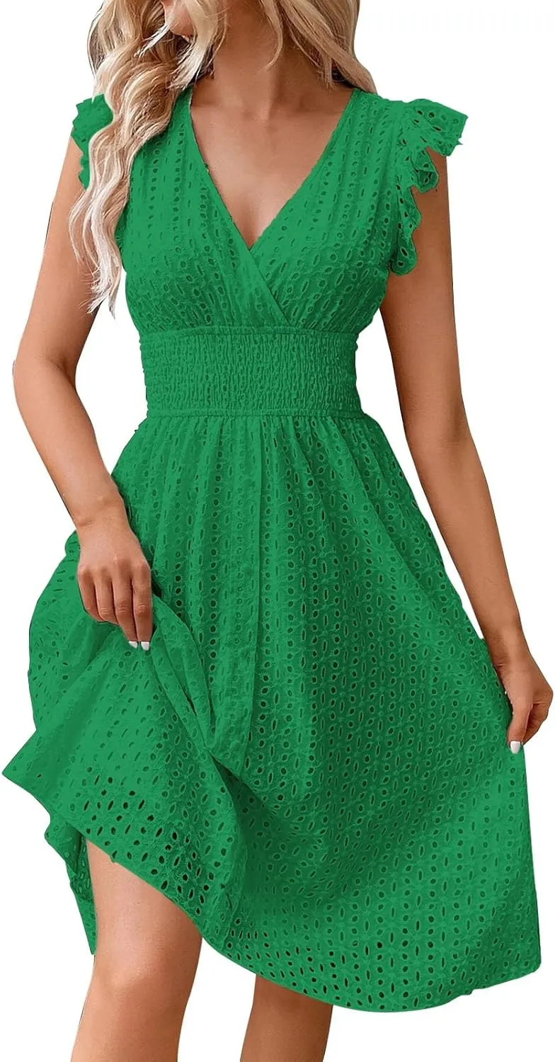 Casual Dresses Women Ruffle Sleeveless V Neck Dress Summer Vacation Beach Midi Dress Eyelet Lace Party Maxi Dresses