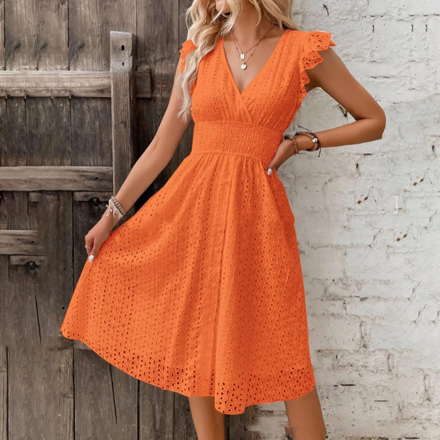 Casual Dresses Women Ruffle Sleeveless V Neck Dress Summer Vacation Beach Midi Dress Eyelet Lace Party Maxi Dresses