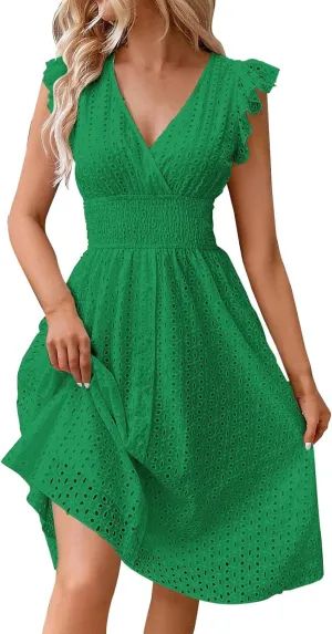 Casual Dresses Women Ruffle Sleeveless V Neck Dress Summer Vacation Beach Midi Dress Eyelet Lace Party Maxi Dresses