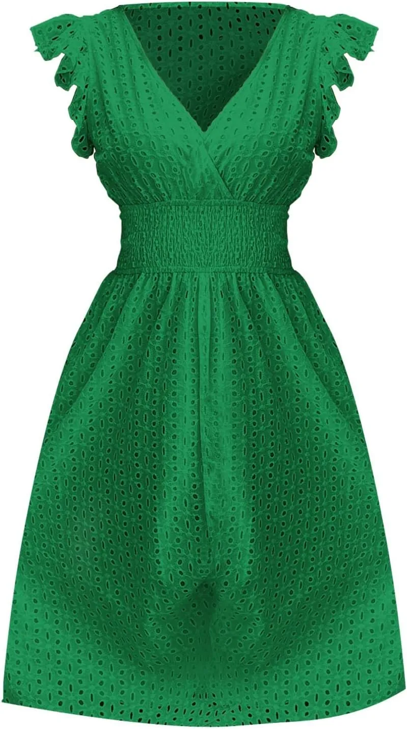 Casual Dresses Women Ruffle Sleeveless V Neck Dress Summer Vacation Beach Midi Dress Eyelet Lace Party Maxi Dresses