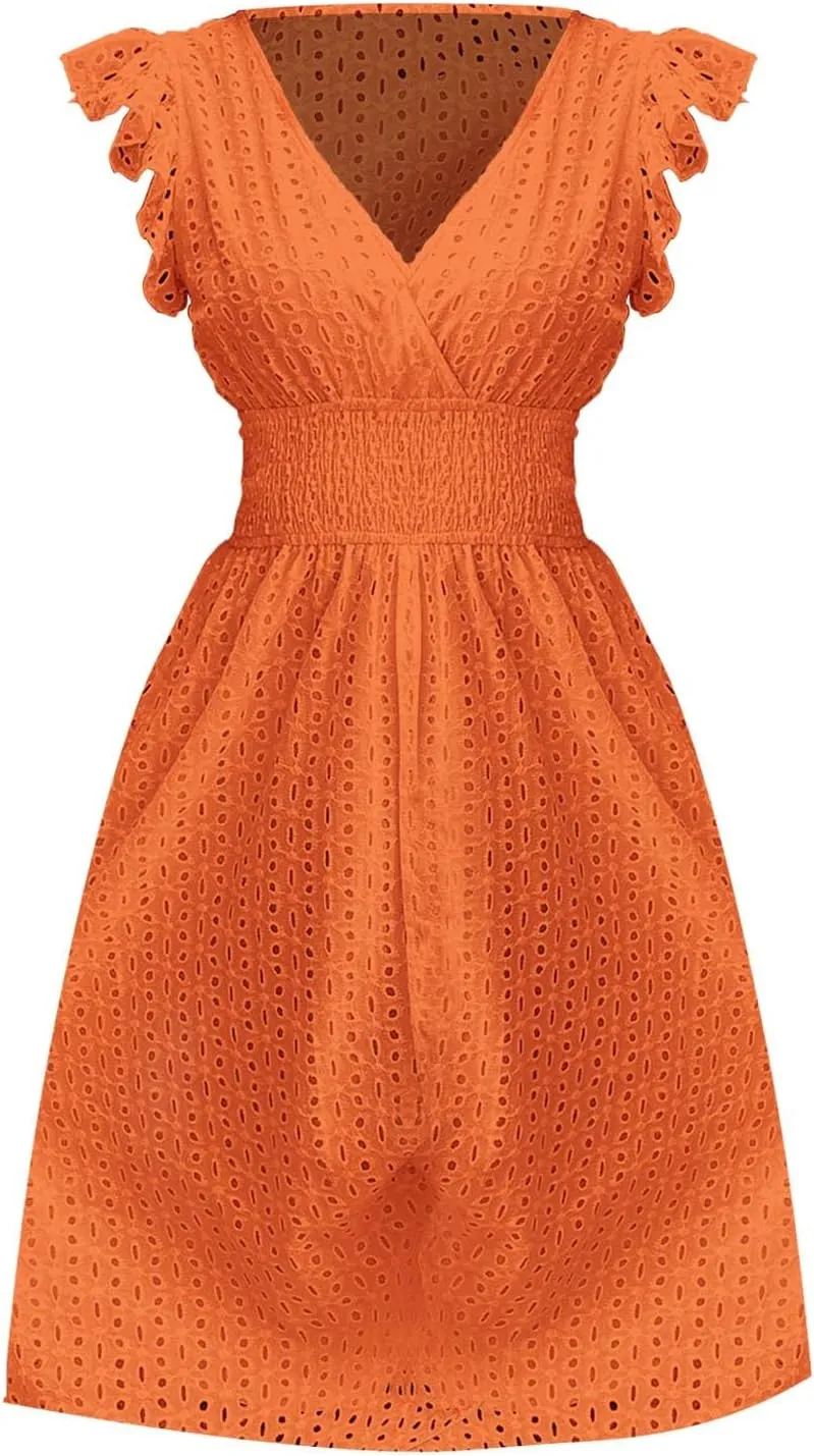 Casual Dresses Women Ruffle Sleeveless V Neck Dress Summer Vacation Beach Midi Dress Eyelet Lace Party Maxi Dresses
