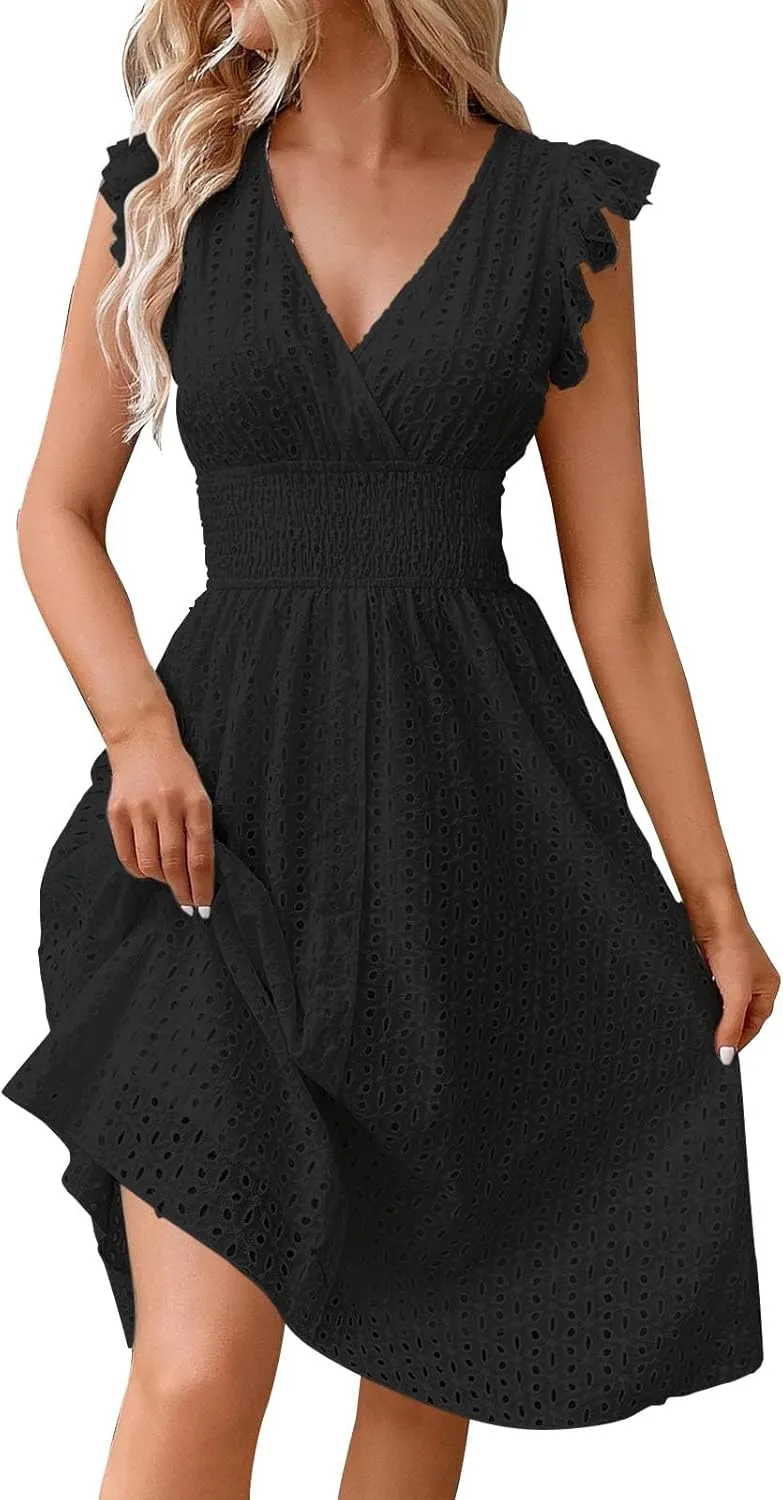 Casual Dresses Women Ruffle Sleeveless V Neck Dress Summer Vacation Beach Midi Dress Eyelet Lace Party Maxi Dresses
