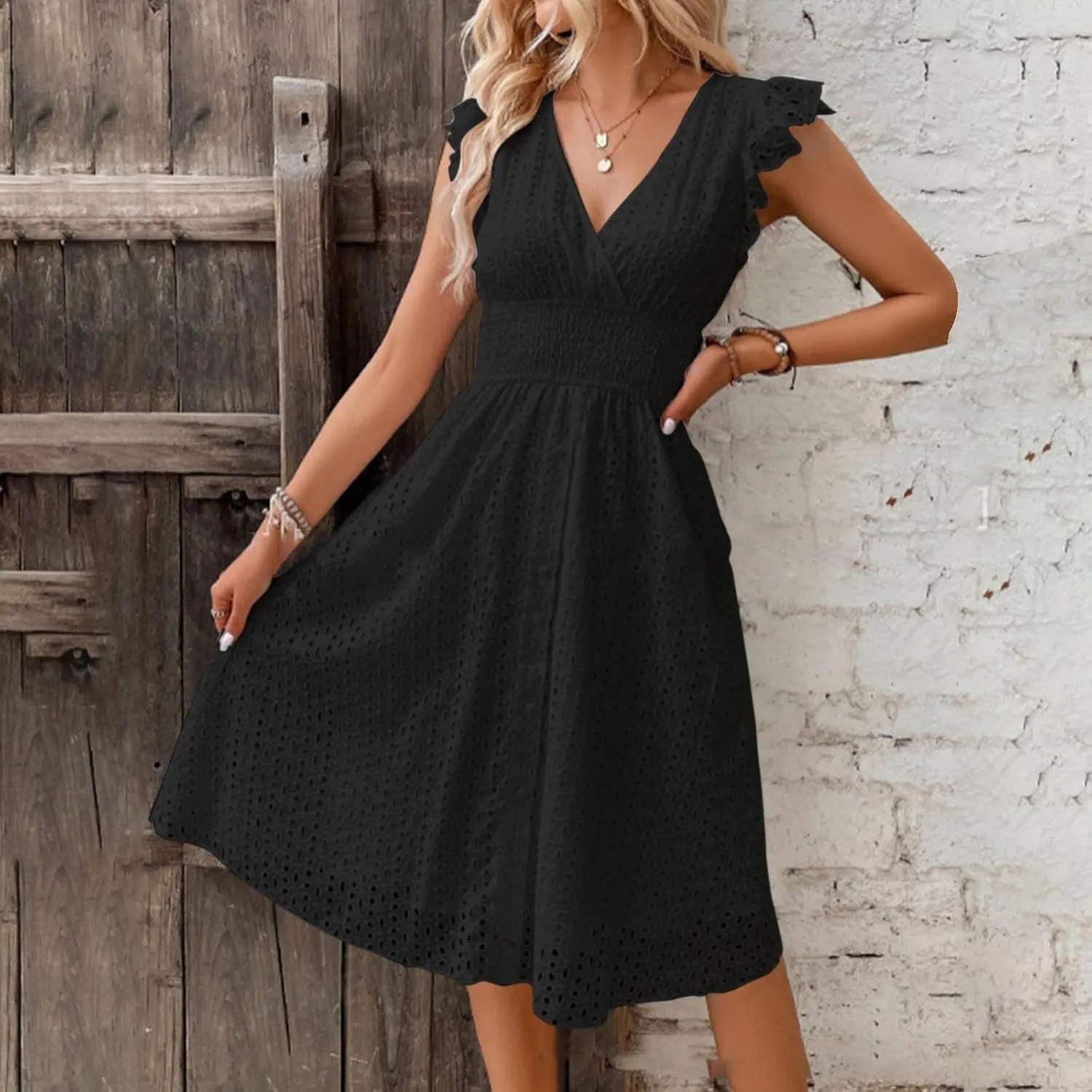 Casual Dresses Women Ruffle Sleeveless V Neck Dress Summer Vacation Beach Midi Dress Eyelet Lace Party Maxi Dresses