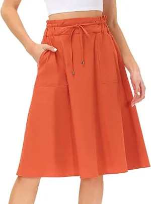 Casual Skirts for Women High Waisted A-Line Midi Length Bohemian Skirt Side Pockets Adjustable Belt Tiered Ruffles