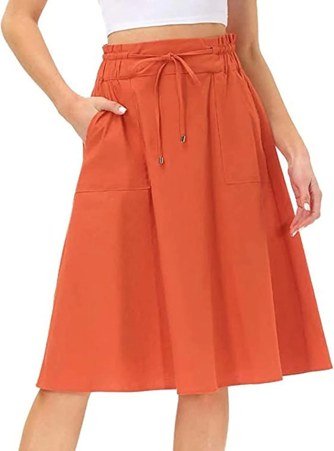 Casual Skirts for Women High Waisted A-Line Midi Length Bohemian Skirt Side Pockets Adjustable Belt Tiered Ruffles