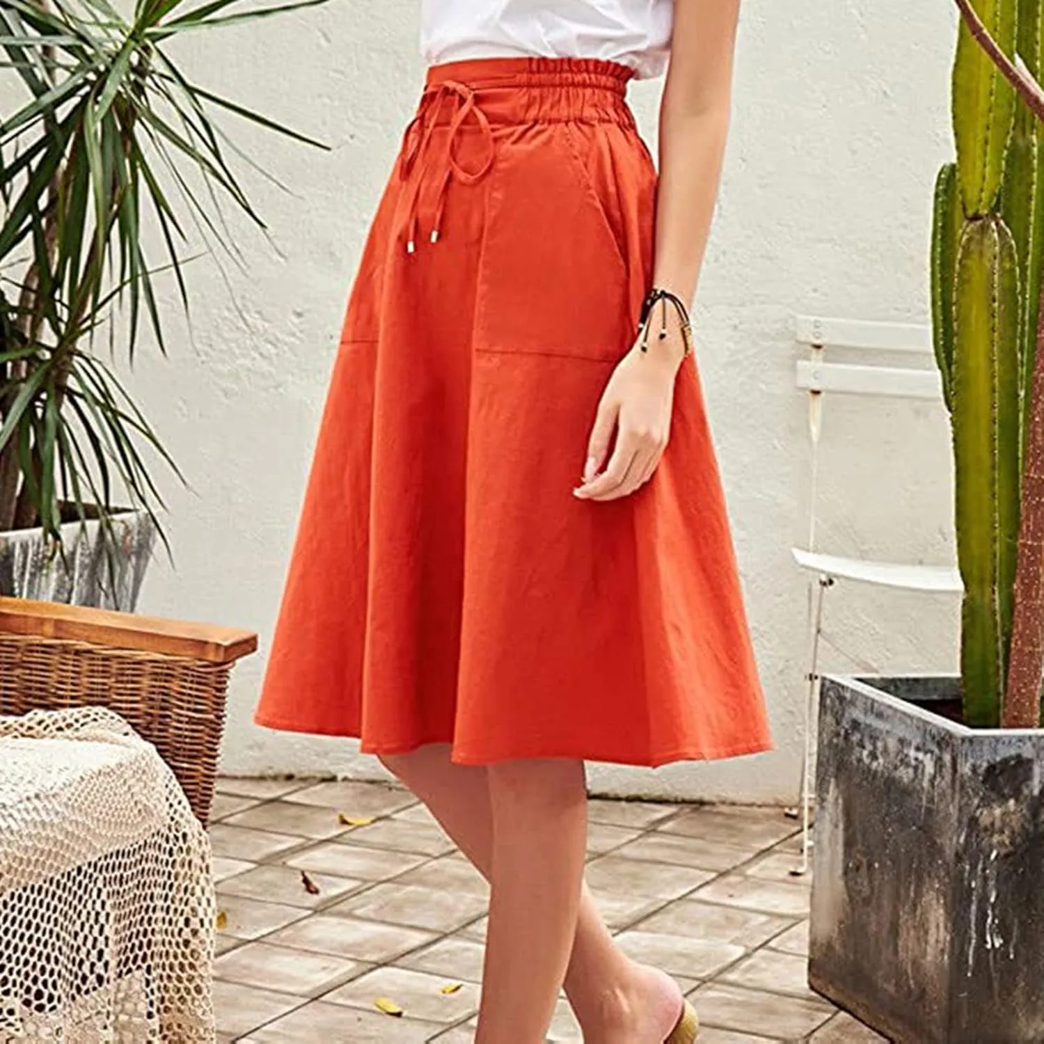 Casual Skirts for Women High Waisted A-Line Midi Length Bohemian Skirt Side Pockets Adjustable Belt Tiered Ruffles