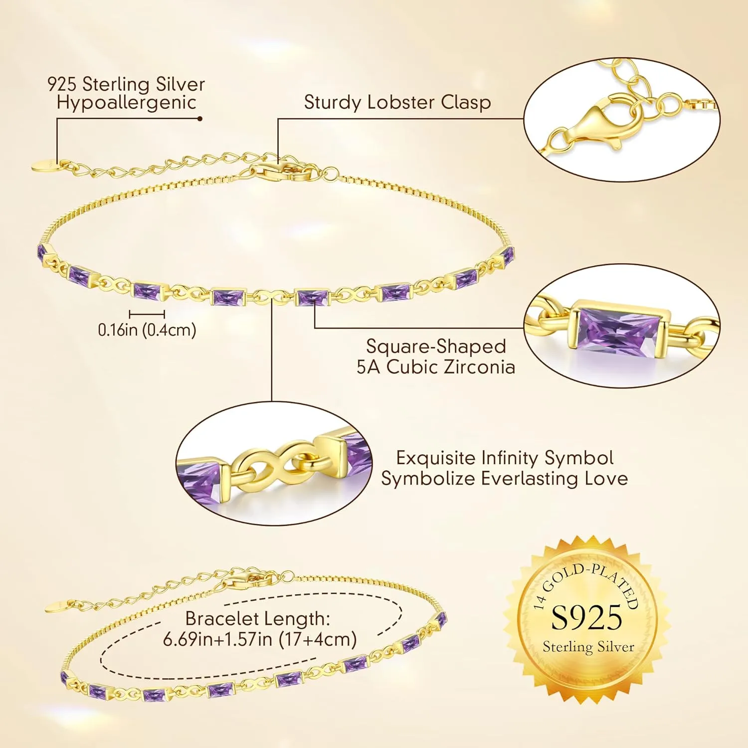 CDE 925 Sterling Silver Birthstone Bracelets for Women Dainty Simple Link Charm Infinity Tennis Bracelet Birthday Anniversary Valentine's Mother's Day Gifts for Mom Wife Her, Chain Length 6.7 1.6