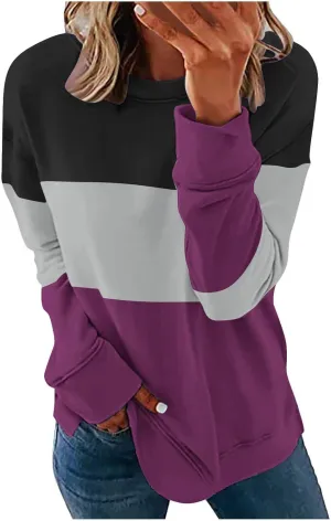 Ceboyel Women Crewneck Sweatshirts 2023 Color Block Pullover Long Sleeve Shirts Loose Fit Fall Fashion Clothing